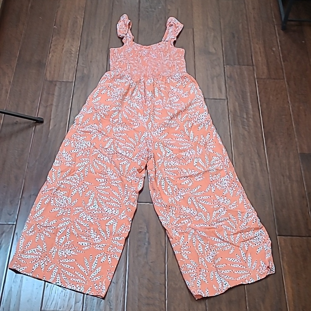 LOFT Coral/ Salmon Sleeveless Smocked Jumpsuit with Tropical Leaf Print Size M
